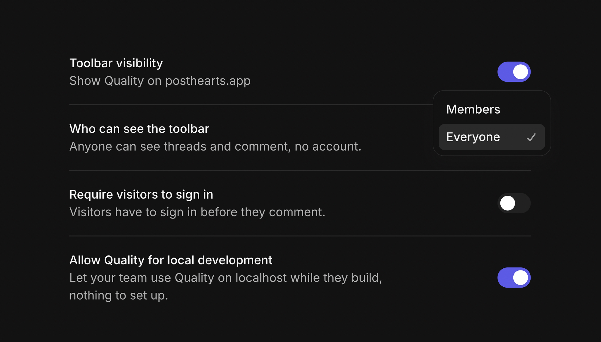 A project's script settings: toolbar visibility, who can see the toolbar, sign-in for visitors, and local development
